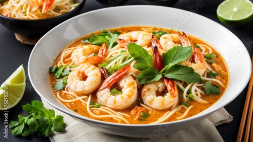 Malaysian laksa soup with shrimp and boiled egg