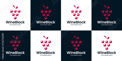 Collection of grape tech logo design template. Abstract grape logo with hexagon tech system, block chain design graphic vector illustration. Symbol, icon, creative.