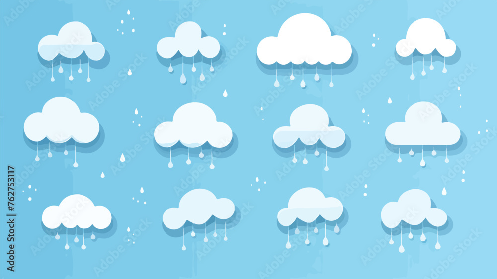 Blue clouds and raindrops on white background. flat
