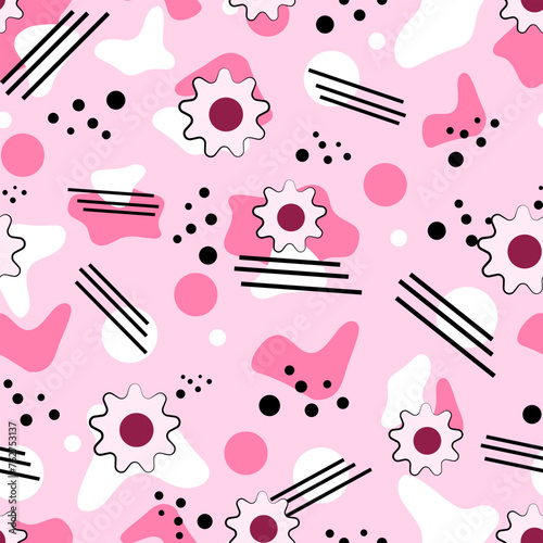 Seamless pattern with abstract blots and lines on a pink background