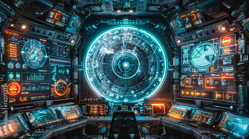 Futuristic Space Station Interior with Advanced Technology and Blue Sci-Fi Aesthetics, Illustrating Space Exploration and Scientific Innovation
