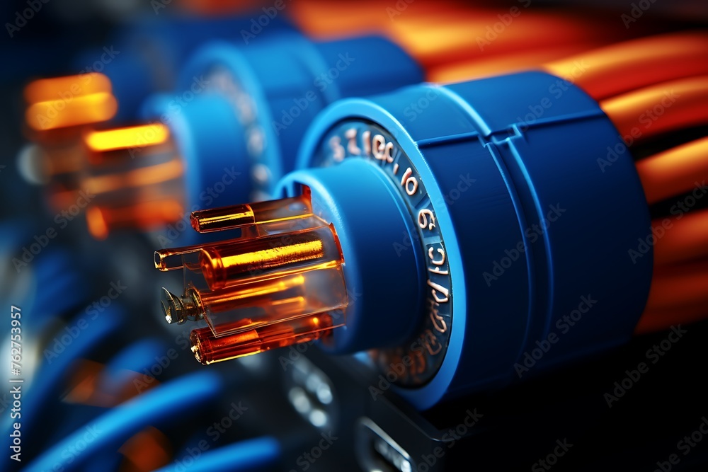 Close up of network cables in blue color. 3d illustration.