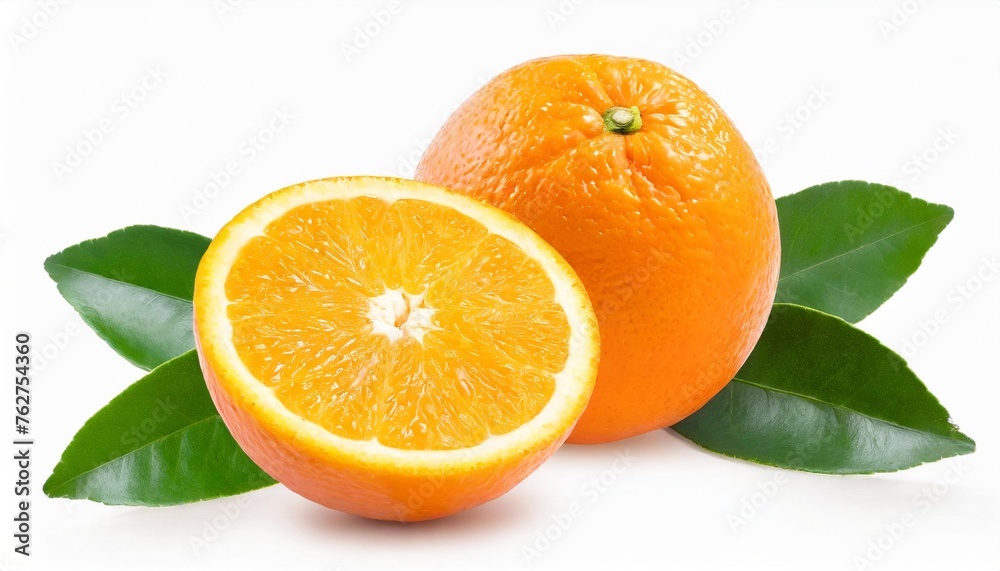 orange citrus fruit isolated on white or transparent background two orange fruits cut half and slice with green leaves orange citrus fruit isolated on white or transparent background two orange fruits cut half and slice with green leaves