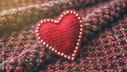 wool sweater texture of red color button and felt heart horizontal background with natural knitted wool material valentine s day backdrop heart shaped patch label copy space for text