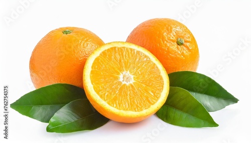 orange citrus fruit isolated on white or transparent background two orange fruits cut half and slice with green leaves