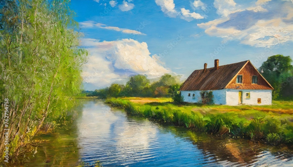 Fototapeta premium oil painting farmhouse near the river