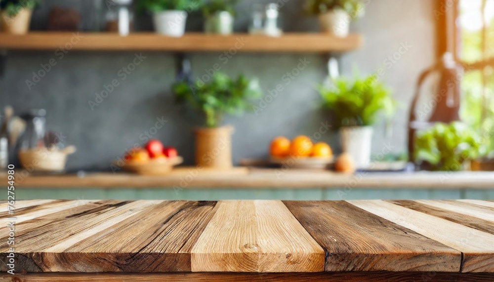 wood table top on blurred kitchen background