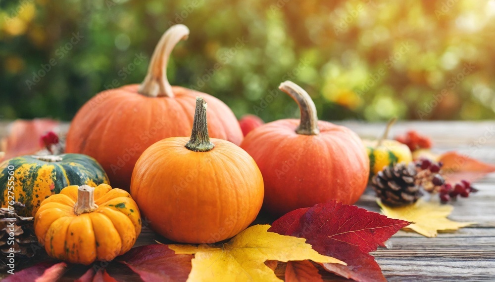 autumn pumkins and colorful leaves composition fall leaf frame thanksgiving festive background selective focus