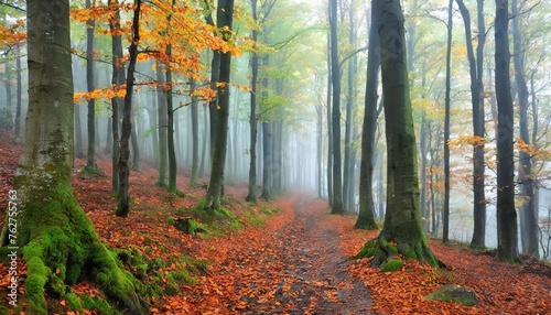 beech trees in autumn forest on a foggy rainy weather poland