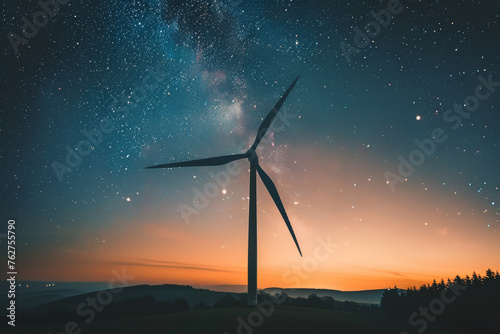 A wind turbine against a backdrop of a starry night sky, the soft © mila103