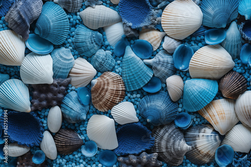 Strand Hintergrund auf blauem Holz mit Muscheln, Sand und Seesternen, Textfreiraum