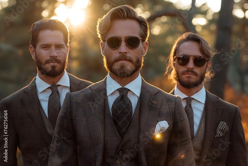 Männer aus Norwegen, modisch mit Anzug und Stil, norwegische sommerliche Landschaft im Hintergrund photo