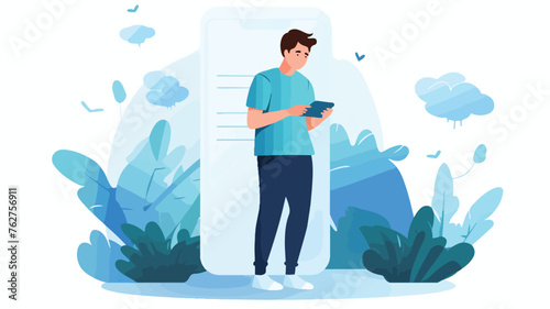 Boy uses phone for online communication flat vector