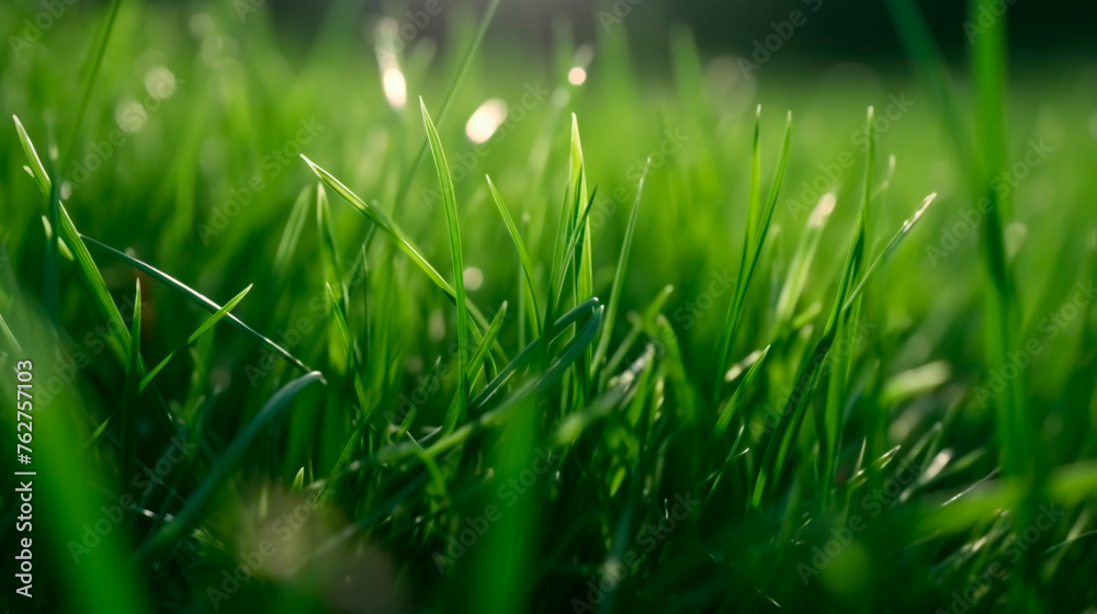 A close up of a lush green field of grass. The grass is very green and the sunlight is shining on it, making it look very bright and healthy A close up of a lush green field of grass. The grass is very green and the sunlight is shining on it, making it look very bright and healthy