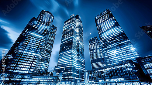 Nighttime Cityscape with Illuminated Skyscrapers  Reflecting Modern Business and Urban Architecture Against a Dark Sky