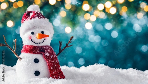 christmas winter background with snowman in snow and blurred bokeh background merry christmas and happy new year greeting card with copy space © Patti