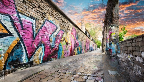 Street Art Display: Vibrant Graffiti on Brick Wall © Afaq