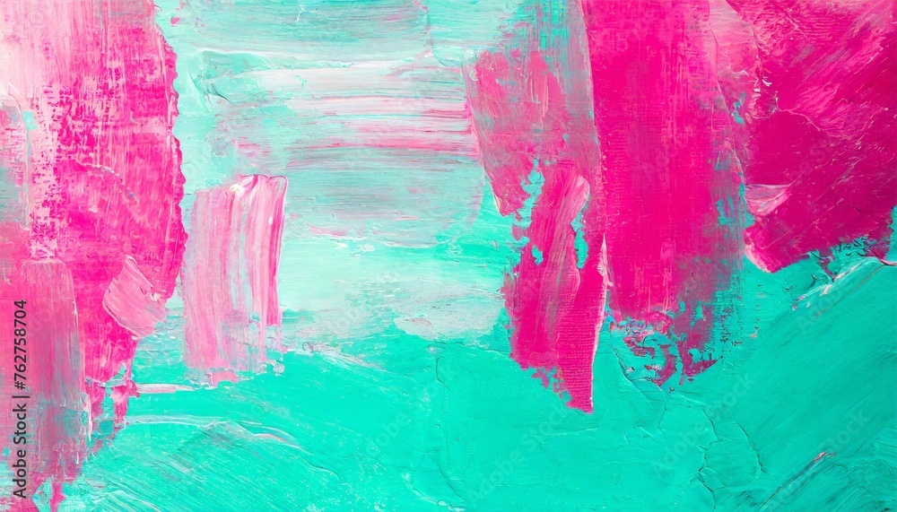 closeup of abstract rough pink turquoise art painting texture background wallpaper with oil or acrylic brushstroke pallet knife paint on canvas