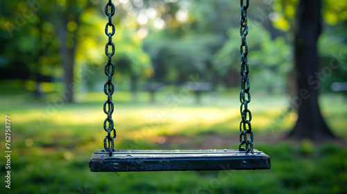 Loneliness concept, International missing Children day, 25 may, an empty swing in nature blurred background 