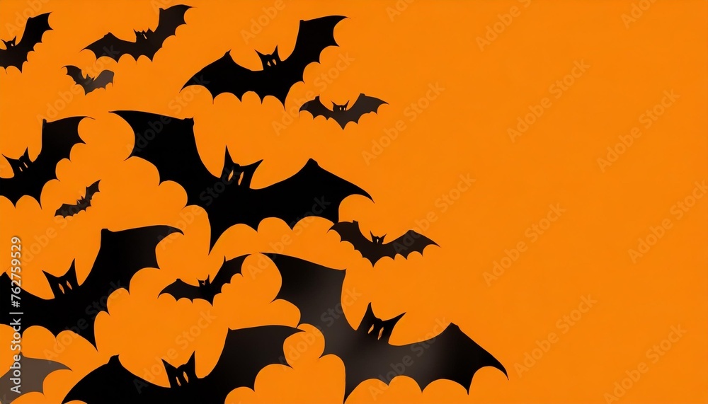 flying flock of bats on orange background mockup halloween holiday concept black silhouettes empty space for text copy space