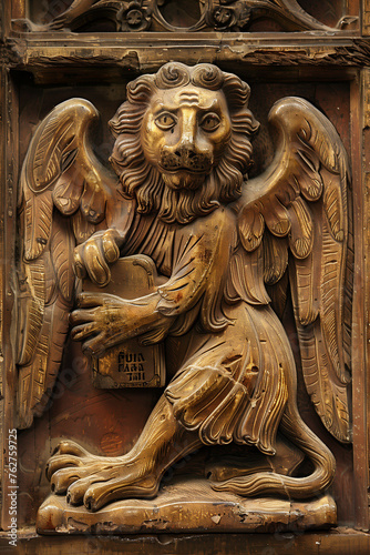Wooden sculpture of the winged lion of St. Mark the Evangelist.