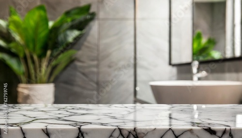 empty marble table top with blurred bathroom interior background