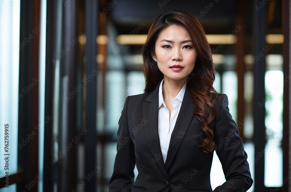  Confident portrait of Asian business woman in black suit. A woman executive, a group leader. Woman secretary in a stylish office suit. Girl head of the company, CEO, boss leader