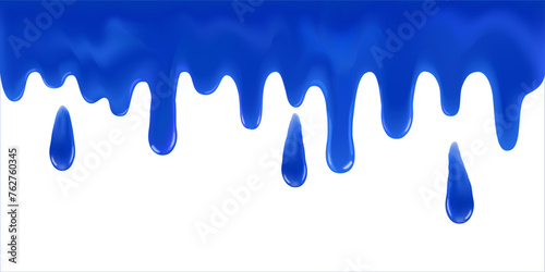 Flowing blue sticky liquid. Realistic blue slime drips and flowing. Colorful  caramel drops of sweet sauce isolated on white background.  Toffee flows melted horizontal splash. 3d realistic vector