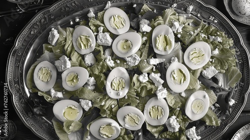 a platter of deviled eggs and lettuce on a bed of lettuce on a table.