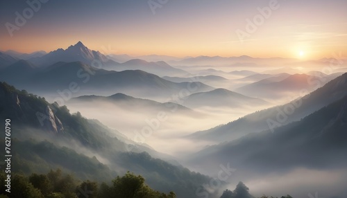 Invigorating Morning Sunrise Over A Misty Mountai Upscaled photo
