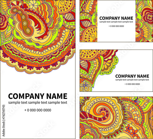Business card with hand draw arabic, oriental, indian motiv. Traditional ornament, paisley