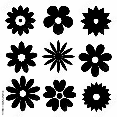 Set of black and white flowers. Vector illustration