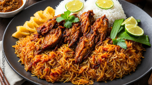 A traditional Malaysian dish Nasi kandar made of rice with various types of curry photo