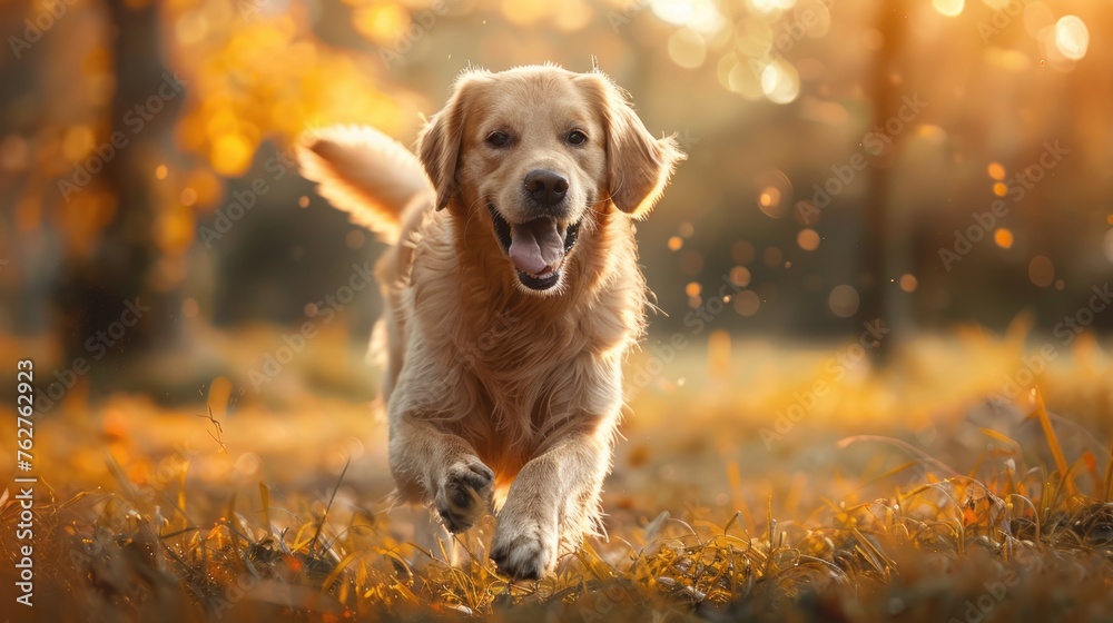 adorable running for exercise golden retriever dog in nature park. 
