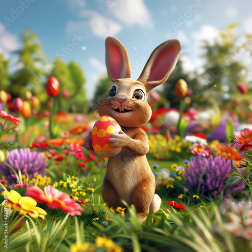 Easter bunny with an Easter egg in a meadow with flowers