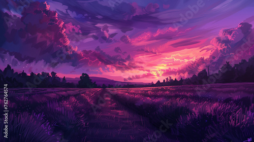 Digital painting of an endless field under a purple sky, with purple clouds in the background, and lavender plants growing along both sides of the road leading to the horizon and sunset.