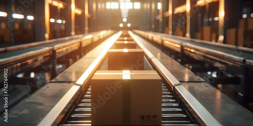 Global logistics operation with cardboard boxes moving on a conveyor belt. Concept Global Logistics, Cardboard Boxes, Conveyor Belt, Supply Chain, Distribution