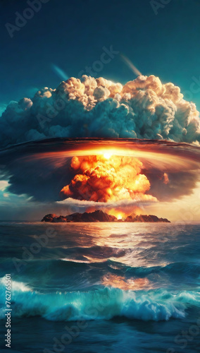A nuclear detonation of a bomb in the ocean. Mushroom-shaped explosion of a nuclear atomic bomb in the sea 