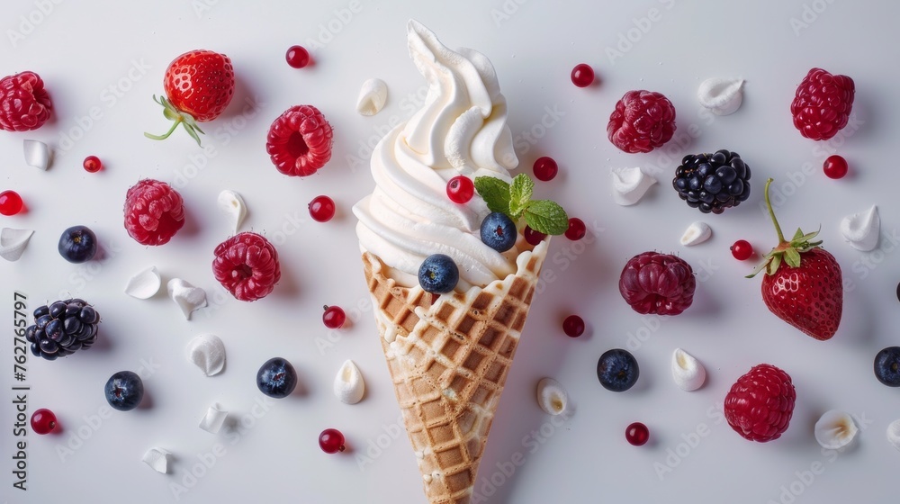 Waffle Cone with Ice Cream Filled With Berries Waffle Cone with Ice Cream Filled With Berries