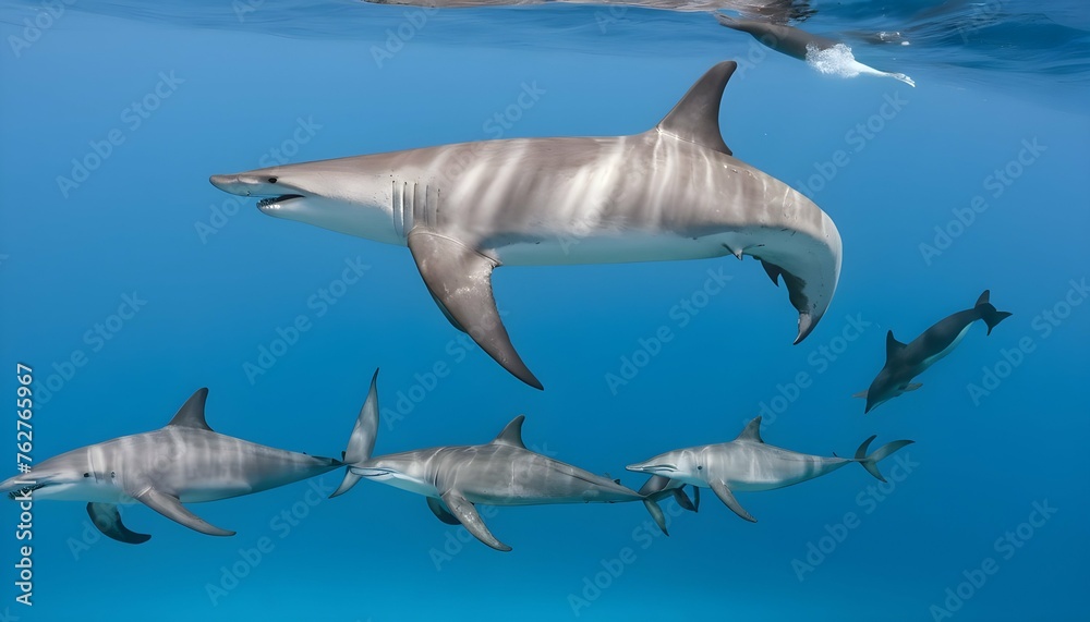 A Hammerhead Shark Swimming Alongside A Pod Of Dol Upscaled 4 2