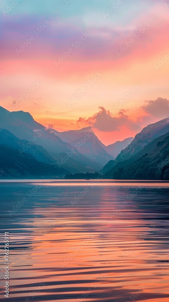 Majestic Sunset Over Lake and Mountains