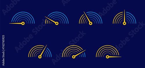 dial set on dark blue background. seven step half speedometer. speed dial for sports  business  education  technology world