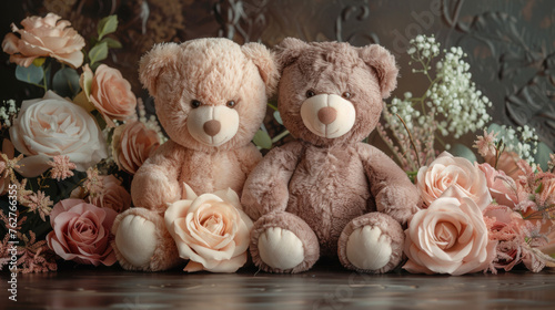 Plush Teddy Bears nestled among a serene arrangement of soft pink flowers and delicate foliage.
