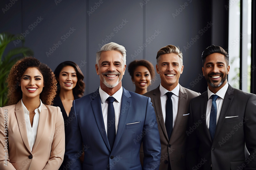 Fototapeta premium Portrait of successful creative business team looking at camera and smiling. Diverse business people standing together at startup. Group of successful multiethnic business team