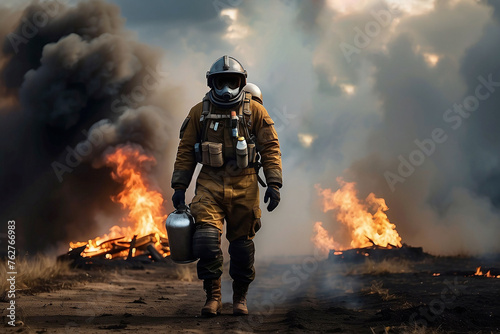 A uniformed fireman is walking in front of the fire. Emergancy servise concept. © Rayan Heaven