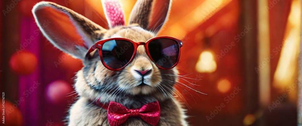 A fashionable and chic bunny wearing sunglasses, set against a vibrant and eye-catching background, copy space, eggs