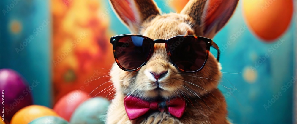 A fashionable and chic bunny wearing sunglasses, set against a vibrant and eye-catching background, copy space, eggs A fashionable and chic bunny wearing sunglasses, set against a vibrant and eye-catching background, copy space, eggs