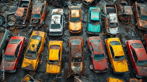 A bird's-eye view of abandoned multicolored old cars