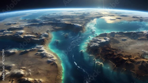 A cosmic dawn illuminates the valleys of a distant planet.
 Generative AI Video. ProRes LT 59.94 FPS available in 4K 16:9.