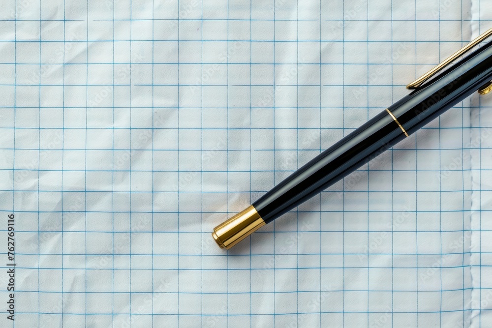 Teaching and education background with pen on checkered paper. Top view.